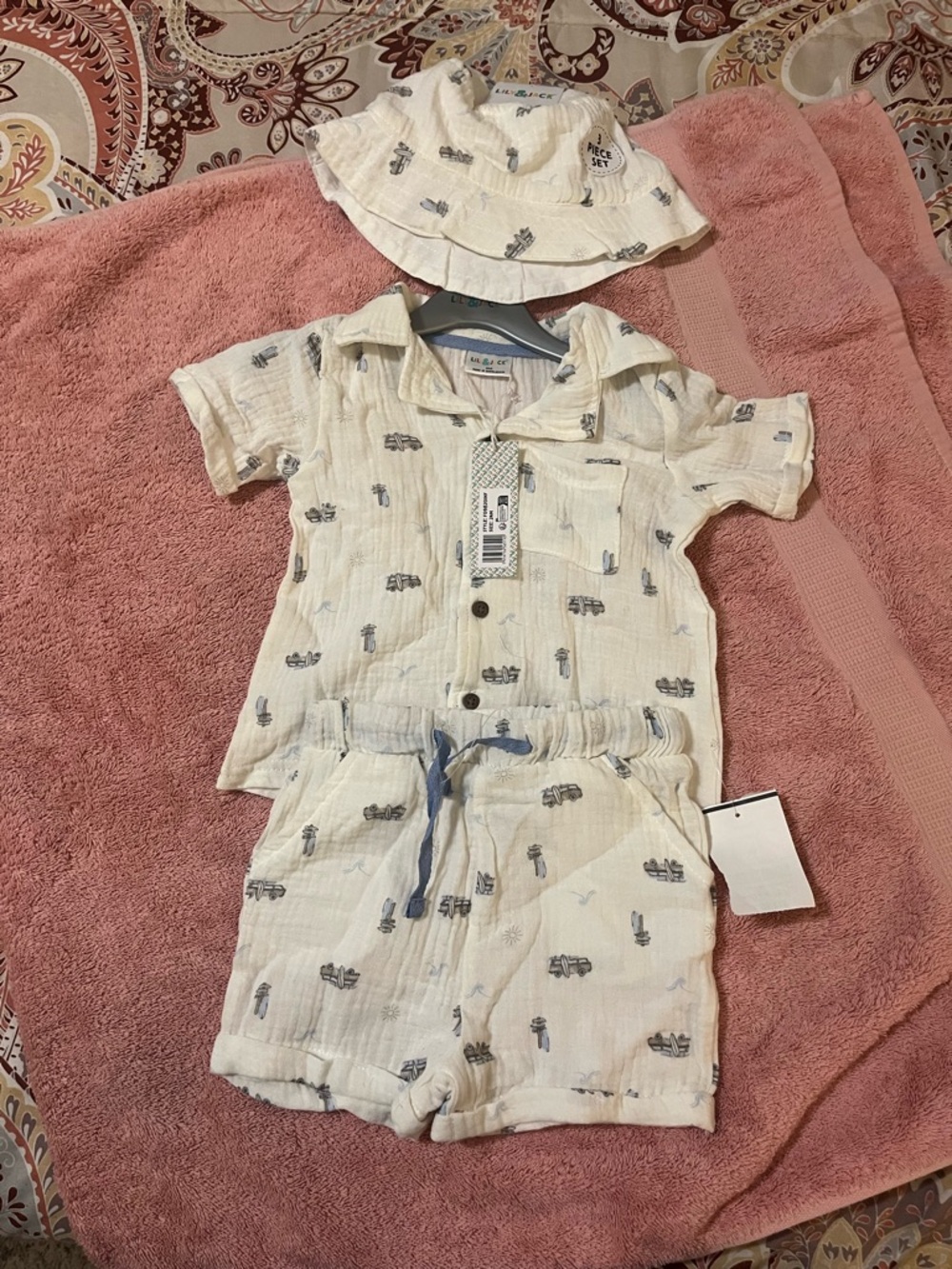 Cream Cotton Kids Matching Set with Hat - Short Sleeve Shirt & Shorts